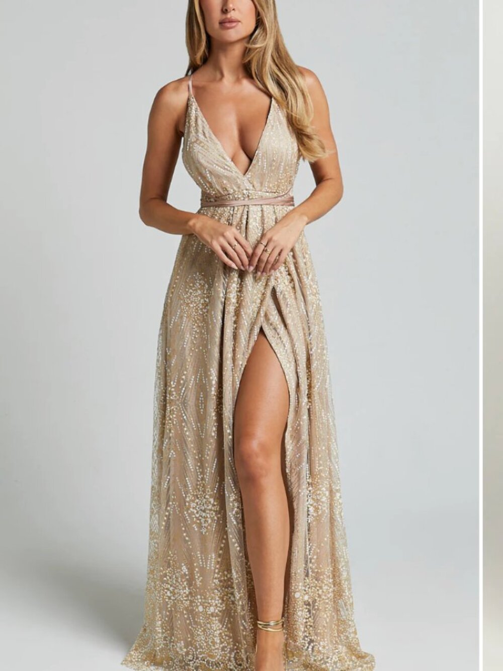 Showpo New York Nights Gold Sequin Maxi Dress Plunge Cross Back // NWT US 2